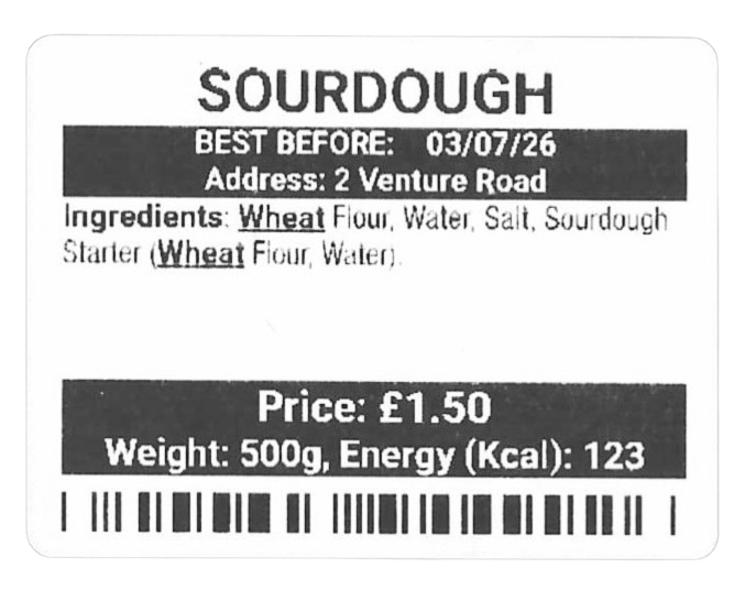 Sales label with allergens and barcode